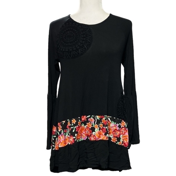 Desigual T-Shirt “Audrey” Floral Bell Sleeve Mandala High Low - Picture 4 of 12